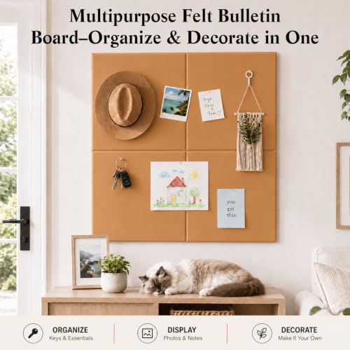48" x 36" Decorative Bulletin Boards, Large Cork Board Alternative | 50 Pushpins60 Adhesive Tabs, Solid-Tile 12PC Felt Wall Tiles, Cork Boards for Office Push Pin Board Felt Board, Creamy Coffee - Image 2