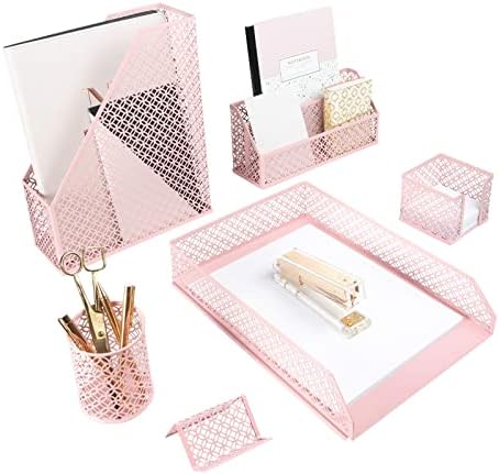 BLU MONACO Pink Desk Organizer Set | 6-Piece Metal Desktop Accessories | Mail Sorter Organizer Countertop | Letter Sorter for Desk | Mesh Pen Holder | Home Office or Dorm by Blu_Monaco