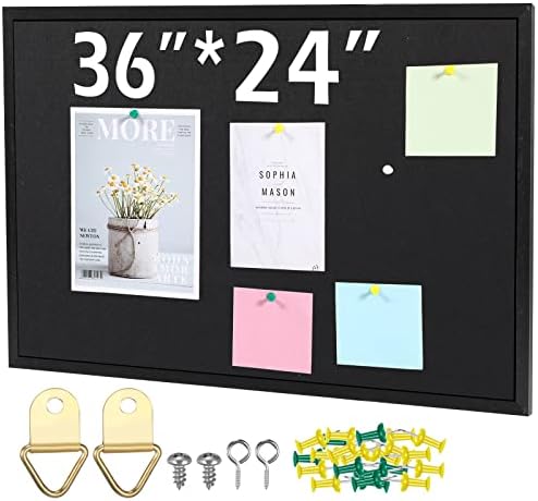 Teling 36" x 24" Cork Board Large Wood Framed Cork Bulletin Board with Pins Eye Bolts Screws Notice Pin Hook for Home School Office Walls(Black Frame) by Teling
