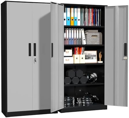 Superday 71" Lockable Steel Storage Cabinet, Locking Metal Storage Cabinets, Tall Black Grey Cabinet with 2 Doors and 4 Adjustable Shelves for Garage, Home Office, Classroom, File, Easy Assemble by SuperdayMetalFurniture