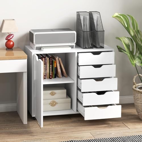 5-Drawer Wood Drawer Cabinet, Office Storage Cabinet with Adjustable Shelf & Wheels, Printer Stand for Home Office, White, 15.7" D x 30.7" W x 25.4" H - Image 2