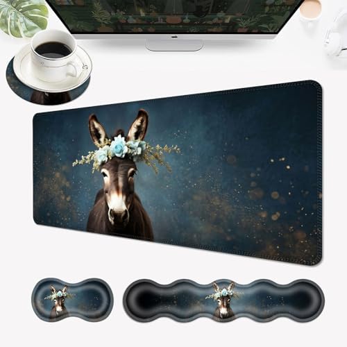 Desk Mat, Mouse Pad with Wrist Rest, 4-in-1 Large Mouse Pads for Desk, Ergonomic Mouse Pad and Keyboard Wrist Rest Gaming Keyboard Mat for Office,Donkey with Flower Crown by EFGWSDER
