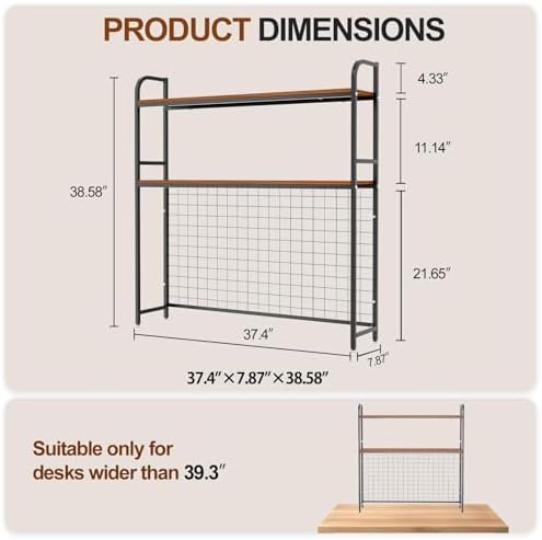 2-Tier Desk Shelf with Grid Panel, Freestanding, Black, 37.4" W - Image 2
