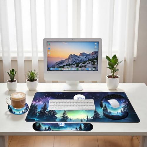 Moon Night Desk Mat Set Forest Aurora Sky Large Mouse Pad with Wrist Rest 4in1 Desk Mat for Desktop Ergonomic Computer Desk Arm Wrist Anti-Slip Computer Mouse Pad Home Office Gaming - Image 6