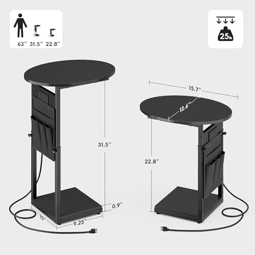 Vagusicc C Shaped End Table with Charging Station, 32" Tall Side Table for Couch and Recliner, Adjustable Height Small Couch Side Table Slide Under Sofa TV Tray Table for Living Room, Bedroom, Black - Image 2