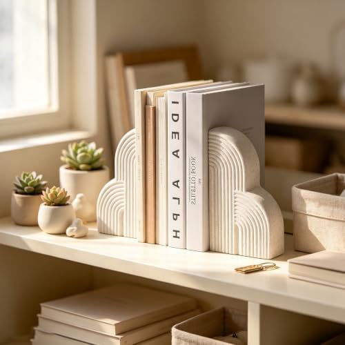 Matte Textured Arch Ceramic Bookends Pair,Heavy Duty Decorative Book Holders,Speckled Black Dot Sculpture Book Stoppers for Shelf Tabletop, Minimalist Modern Home Decor Gift for Book Lovers（White） - Image 7