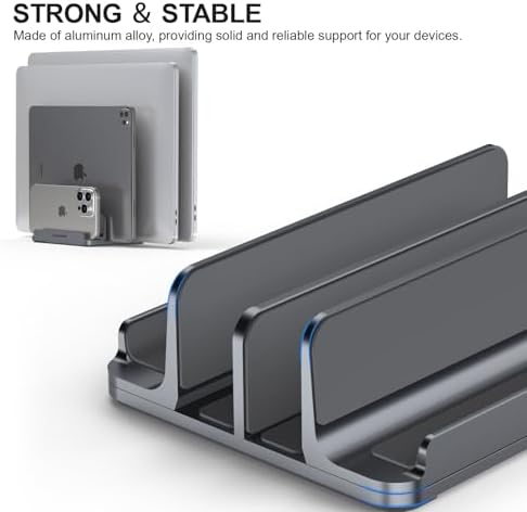 YICOSUN 4-Slot Aluminum Vertical Laptop Stand for Desk - Adjustable Width Dock for MacBook, Surface, Samsung, HP, Dell up to 17.3 inches - Space-Saving & Protective Design - Gray - Image 4
