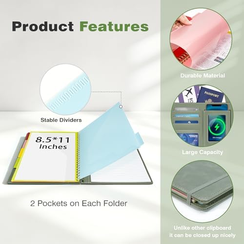 Clipboard with Storage for Men Women, Leather Padfolio Portfolio Organizer 5 Folders with 10 Pockets, Spiral Clipboard Folio with Notepad for Letter Size, Elastic Closure and Pen Loop Sage Green - Image 5
