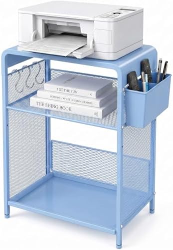 ECOLOVI Small 3 Tier Printer Stand for Under Desk, Height Adjustable Shelf Printer Table with 3 S-Hooks & Basket, Heavy Duty Industrial Storage Shelf for Home Office (Blue) by ECOLOVI