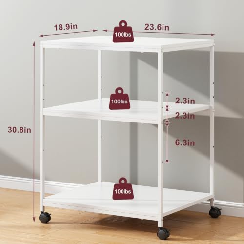 White Printer Stand, 20” Large Printer Table for Home Office, 3 Tier Rolling Printer Cart with Storage, for Shredder Scanner Fax - Image 6