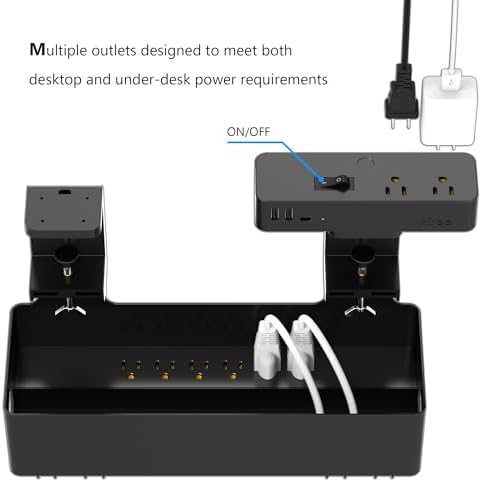 Hiree Under Desk Cable Management Tray with Power Strip, 8 AC Outlets, 2 USB Ports & 1 USB-C Port, Clamp Mount Desk Cable Organizer, No Drill Cord Management Tray for Standing Desk, Home Office（Black） - Image 3