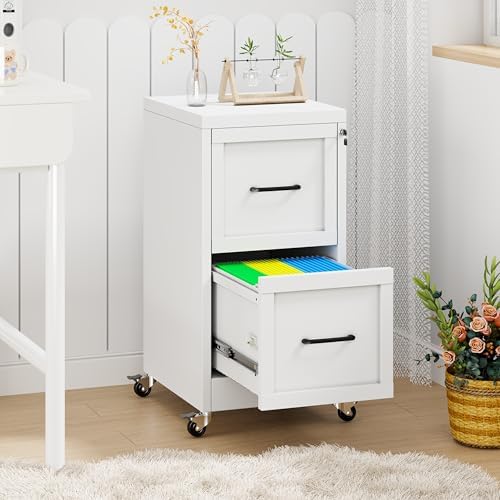 2-Drawer Rolling Metal File Cabinet with Lock, Narrow, White - Image 3