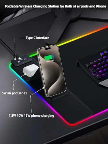 XXL Mouse Pad with Phone Holder - Black, RGB Desk Mat with 15W Fast Charging, LED Gaming Mousepad with 11 Light Colors, Waterproof Non-Slip Pad for Office & Home (Black with PD Adapter) - Image 4