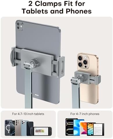 OMOTON GH03 Tablet Holder with 2 ABS Clamps, Aluminum Long Arm Mount, Grey - Image 3