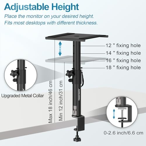 Vondynote Set of 2 Studio Monitor Stands Desktop Speaker Stands Height Adjustable 12" to 18" Speaker Stands with Desk Clamp - Image 3