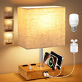 Wood Grain Table Lamp for Bedroom, Stepless Dimmable, USB C+A, 2 AC Outlets by KakanuoLightings