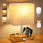 Wood Grain Table Lamp for Bedroom, Stepless Dimmable, USB C+A, 2 AC Outlets by KakanuoLightings