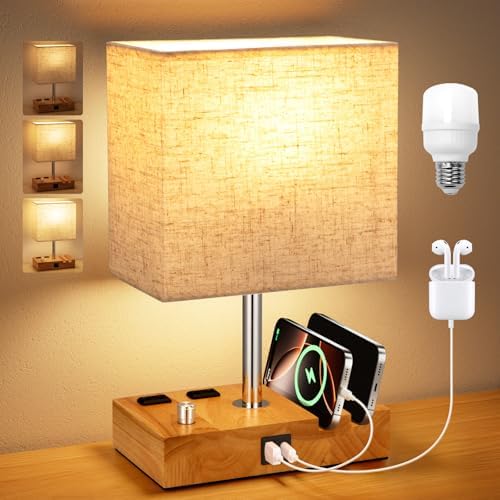 Wood Grain Table Lamp for Bedroom, Stepless Dimmable, USB C+A, 2 AC Outlets by KakanuoLightings