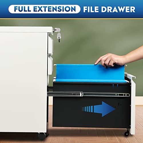 DEVAISE 3 Drawer Mobile File Cabinet with Lock, Under Desk Metal Filing Cabinet for Home Office/Legal/Letter/A4 File, Fully Assembled Except Wheels, White - Image 6