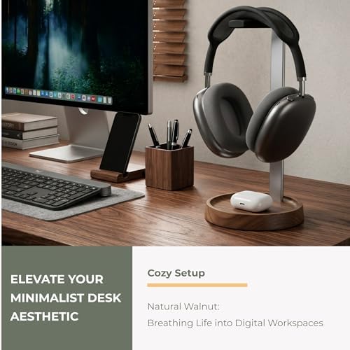 muso wood Walnut Desktop Headphone Stand with Storage Base - Image 2