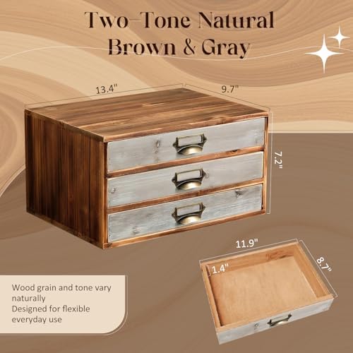 Stackable Modular Desktop Drawer Organizer, Aged Vintage Wood Grey 3-Drawer Storage Unit with Label Pull Handles, 2 Tone Wooden Japandi Style, Expandable by Adding More Units for Clutter-Free Spaces - Image 2