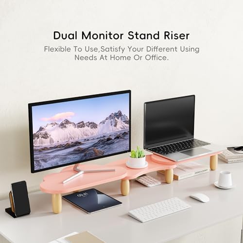 AFOOYO Dual Monitor Stand Riser, Adjustable Rainbow Cloud Desktop Organizer for 2 Monitors, Flexible Length & Angle Computer Stand for Laptop, PC, Printer, Home Office Use - Pink - Image 2