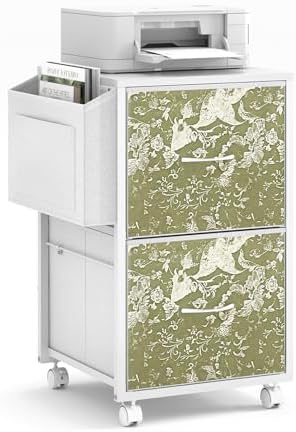 VINGLI 2 Drawer File Cabinet with Side Bag, Rolling File Cabinet Mobile Under Desk File Cabinet with Wheels, Fabric Drawers Printer Stand for Home Office, Fits Letter Size, White Green by VINGLI