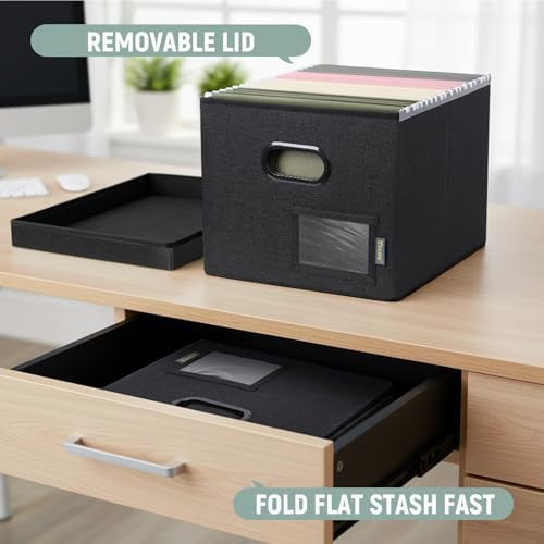 BALEINE File Organizer Box with Lid, Collapsible File Folder Organizer with Plastic Slide, Filing Box for Office Home Document Organizer Storage (Black, 2PK) - Image 5
