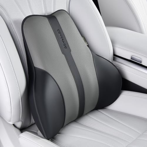 Coverado Lumbar Support Pillow for Car, Ergonomic Memory Foam Back Pillow for Office Chair, Back Cushion for Back Pain Relief, PU Leather Car Lumbar Support for Driving Seat - Black&Gray by COVERADOAUTO
