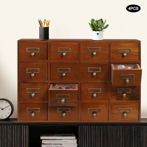 Vintage 64-Drawer Wooden Drawers Organizer, Stackable or Standalone Desktop Medicine Cabinet Organizer with Drawers & Labels Herbal、Tea Bag、Jewelry (Log Color) - Image 2