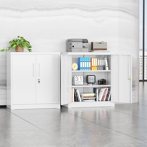 INTERGREAT Metal Garage Storage Cabinet, 36" Locking Counter Cabinet with 2 Locking Doors and 2 Adjustable Shelves, Small Steel Cabinet for for Home Office, Gym, School(White) - Image 2