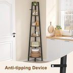 Hoctieon Corner Shelf, 6-Tier Corner Bookshelf, Rustic Ladder Shelf, Industrial Display Stand for Living Room, Kitchen, Home Office, Balcony, Small Space, Metal Frame, Grey - Image 4