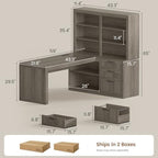 SEDETA Farmhouse L Shaped Computer Desk, 59'' Wood Office Desk with 3 Drawers and 5-Tier Bookshelf, Corner Desk with Storage Shelves and Power Outlet for Home Office Small Space, Grey - Image 2