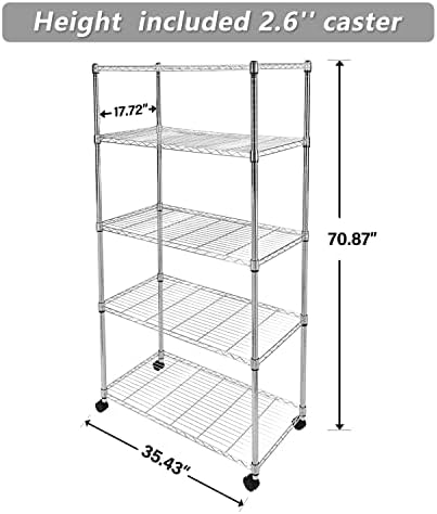 HealSmart Heavy Duty 5-Shelf Storage Shelves, 1750Lb Loading Capacity, 35.43" W x 17.72" D x 70.87" H Adjustable Shelving Unit with Wheels, Chrome - Image 3