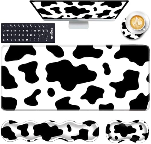Keyboard Wrist Rest and Mouse Pad with Wrist Support Set Ergonomic Coaster,Memory Foam,Easy Typing Pain Relief,Large XL Desk Mat 31.5"x 11.8",Cow Print by CICPLKSE