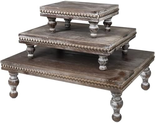 MAONAME Wood Display Risers Set of 3, Vintage Brown Wooden Pedestal Stand by MAONAME