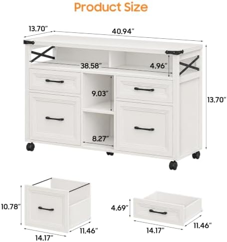 Halitaa Farmhouse Filing Cabinet with Adjustable Shelf & Wheels, White - Image 2