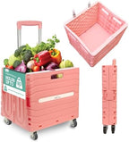 Inspired Living Collapsible Folding Utility Cart, Heavy-Duty Rolling Crate with 360° Wheels, Telescoping Handle, Hidden Lid, Holds 200 Lbs, Pink by Inspired+Living