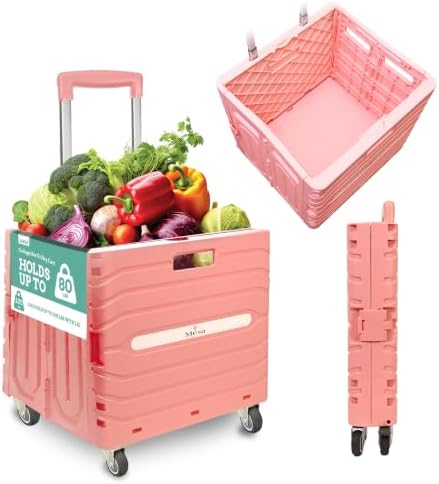 Inspired Living Collapsible Folding Utility Cart, Heavy-Duty Rolling Crate with 360° Wheels, Telescoping Handle, Hidden Lid, Holds 200 Lbs, Pink by Inspired+Living