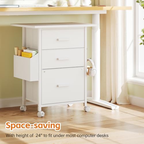 3-Drawer Mobile File Cabinet with 22" Wide Printer Stand, Fabric Under Desk Filing Cabinet with Side Bag & Headphone Hook, Fits Letter/A4 Size Hanging File Folders, Rolling Home Office Organizer,White - Image 7