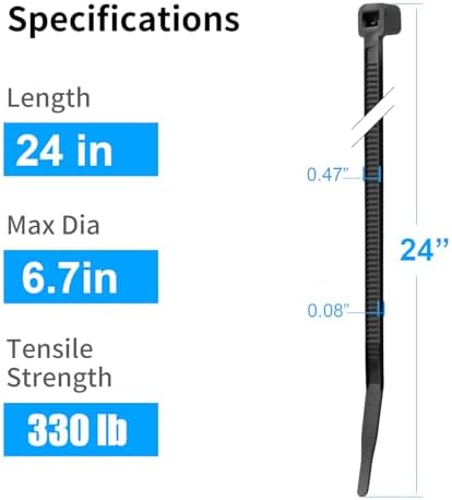 XINGO 24 Inch Black Zip Ties Heavy Duty 120 Pack, 330 LBS Ultra Exclusive Strong Plastic Wire Ties, Large Cable Ties Extra Long Tie Wraps For Indoor and Outdoor Use - Image 2