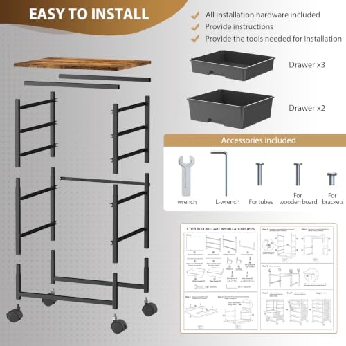 Goovilla Rolling Cart with 5 Drawers for Craft, Art, Dorm, Office, Black - Image 6