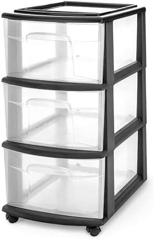 HOMZ Drawer Tower, 3-Tier Storage Cart with Removable Wheels, Black Frame by Homz