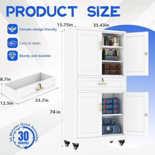 GAIOUS Metal Garage Storage Cabinet with Wheels and Drawer, Steel File Cabinet for Home Office, 74'' Tall Tool Cabinet with 4 Locking Doors and 3 Adjustable Shelves, Rolling Cabinet for Garage - White - Image 3