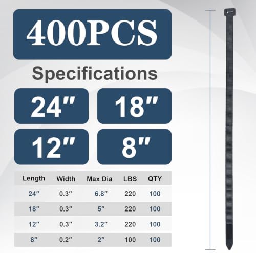 Zip Ties Heavy Duty Assorted Sizes(8”+12”+18”+24”), 400 Pack,Large Black Cable Ties,Multi-Purpose Self-Locking Nylon Cable Cord Management, Long Plastic Wire Ties for indoor and outdoor use. - Image 2