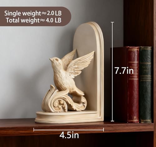 2PCS Vintage Bookends White Resin Decorative Bookends with Bird Bookends for Kids Rooms Decorative Book Ends for Heavy Books (White Bird) - Image 4