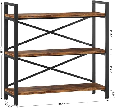3 Tier Bookshelf 31.49" Width, Wood and Metal Etagere Bookcase, Vintage Farmhouse Modern Wooden Big Book Shelf for Home Living Room Bedroom Office Storage(Rustic Brown) - Image 3