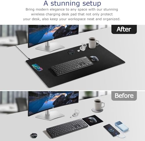 EYStech™ Desk Pad with Wireless Charger, Leather, Waterproof, Anti-Slip Wool Felt Base Material, Office Table Mat, Fast Charging Gaming Mouse Pad, 36” (L) x 17” (W), Black (Left Side Charging Port) - Image 2