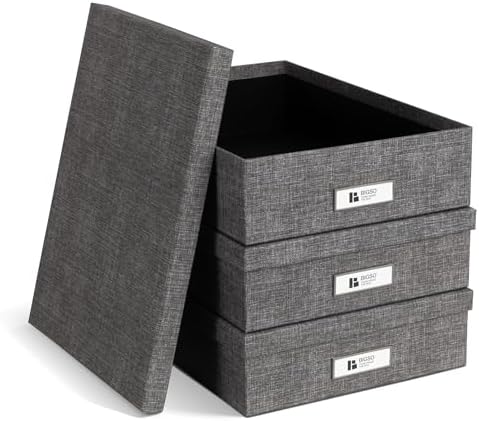 Bigso Oskar Canvas Fiberboard Document Letter Box for Important Paperwork A4 or Letter Size - Durable Keepsake Box with Lid and Metal Label Holder - 3.3in x 10.2in x 13.8in - Melange Grey - 3 Pack - Image 3