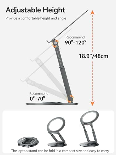 Telescopic Laptop Stand with 360° Rotation, Adjustable Height & Tilt Swivel Laptop Riser, Ergonomic Standing Desk Converter for 10-17" MacBook Pro/Air, Dell, HP – Supports up to 22lbs (Gray) - Image 6